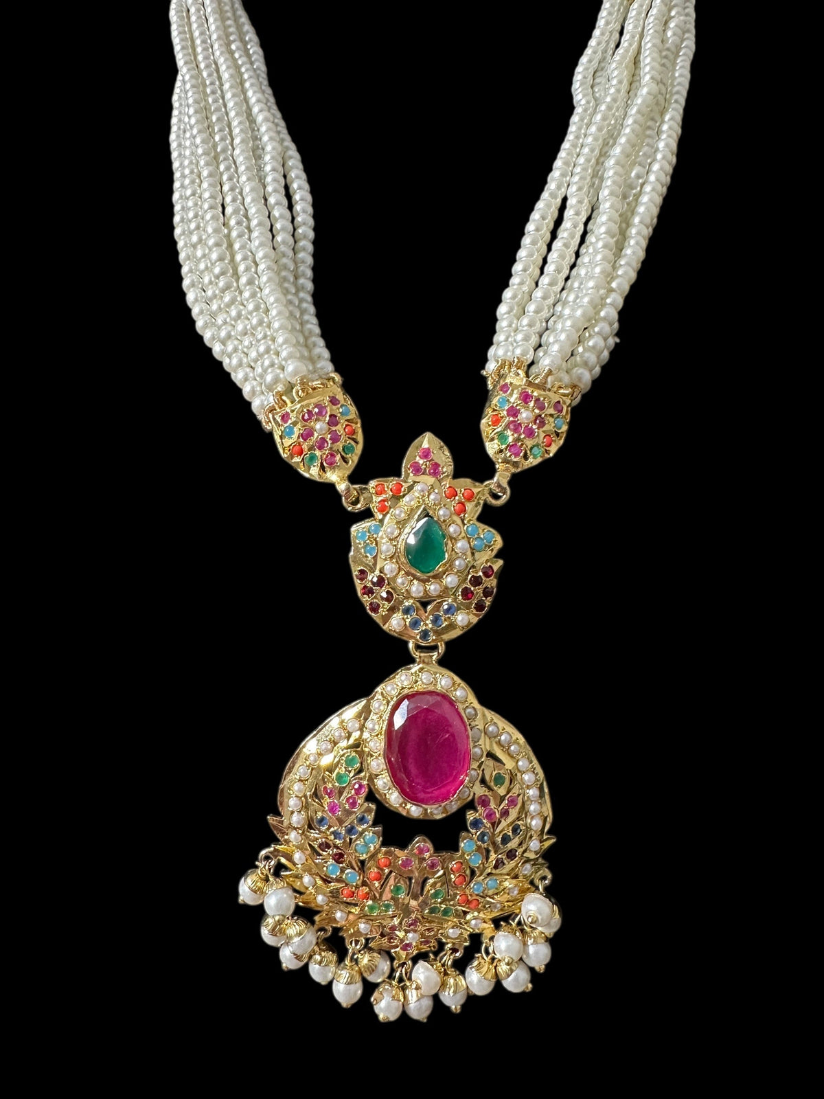 Deccan Jewelry Navratan Jadau necklace set with matching dangler earrings, intricate traditional design, ready to ship.