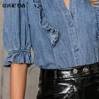 Doba women's puff sleeve ruffle denim shirt with half sleeves, single-breasted design, perfect for casual or office summer wear