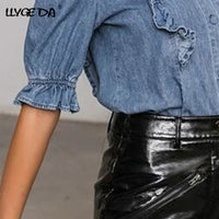 Doba women's puff sleeve ruffle denim shirt with half sleeves, single-breasted design, casual summer office top.