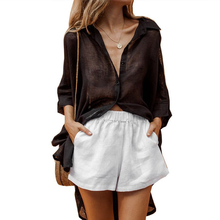 Doba women's solid cotton linen blouse with half sleeves, casual summer shirt featuring a short front and long back design.