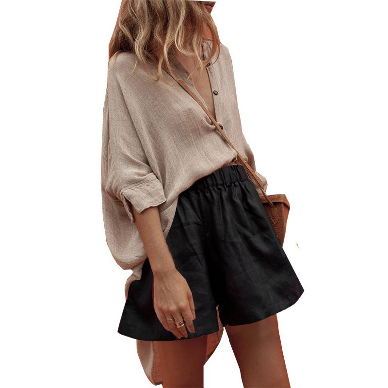 Doba women's solid cotton linen blouse with short sleeves, casual summer shirt featuring a high-low front and long back.