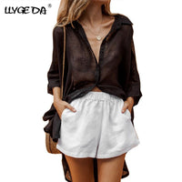 Doba women's solid cotton linen blouse with half sleeves, casual summer shirt, short front, long back, lightweight and breathable.