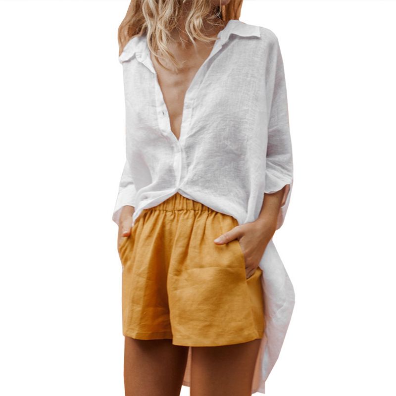Doba women's solid cotton linen blouse with short sleeves, casual summer shirt featuring a high-low front and long back.