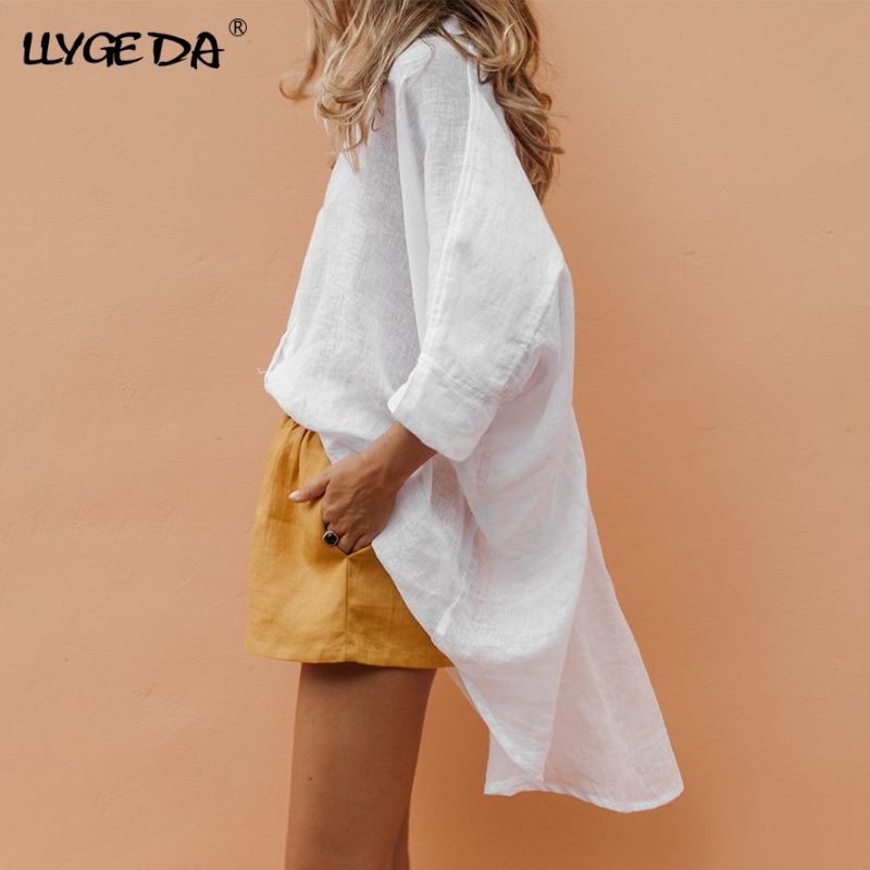 Doba solid cotton linen women's blouse with half sleeves, short front, long back, casual summer shirt, lightweight and breathable.