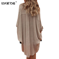 Doba women's cotton linen blouse with short sleeves, front shorter, back longer, casual summer shirt in natural fabric.