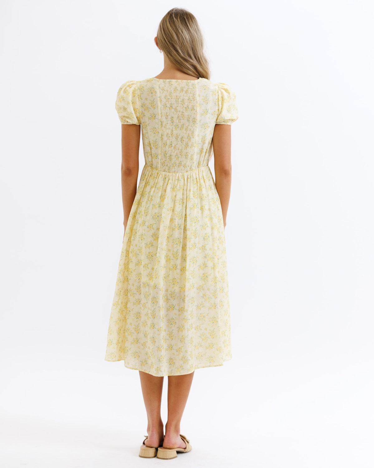Downeast Sunshine State of Mind Dress in butter yellow with colorful floral print, lightweight and casual for warm weather.