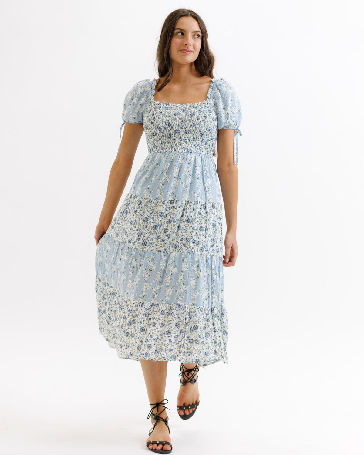 Light blue multi Fresh Bouquet Dress by Downeast, flowing dress with floral print, perfect for casual or summer wear.