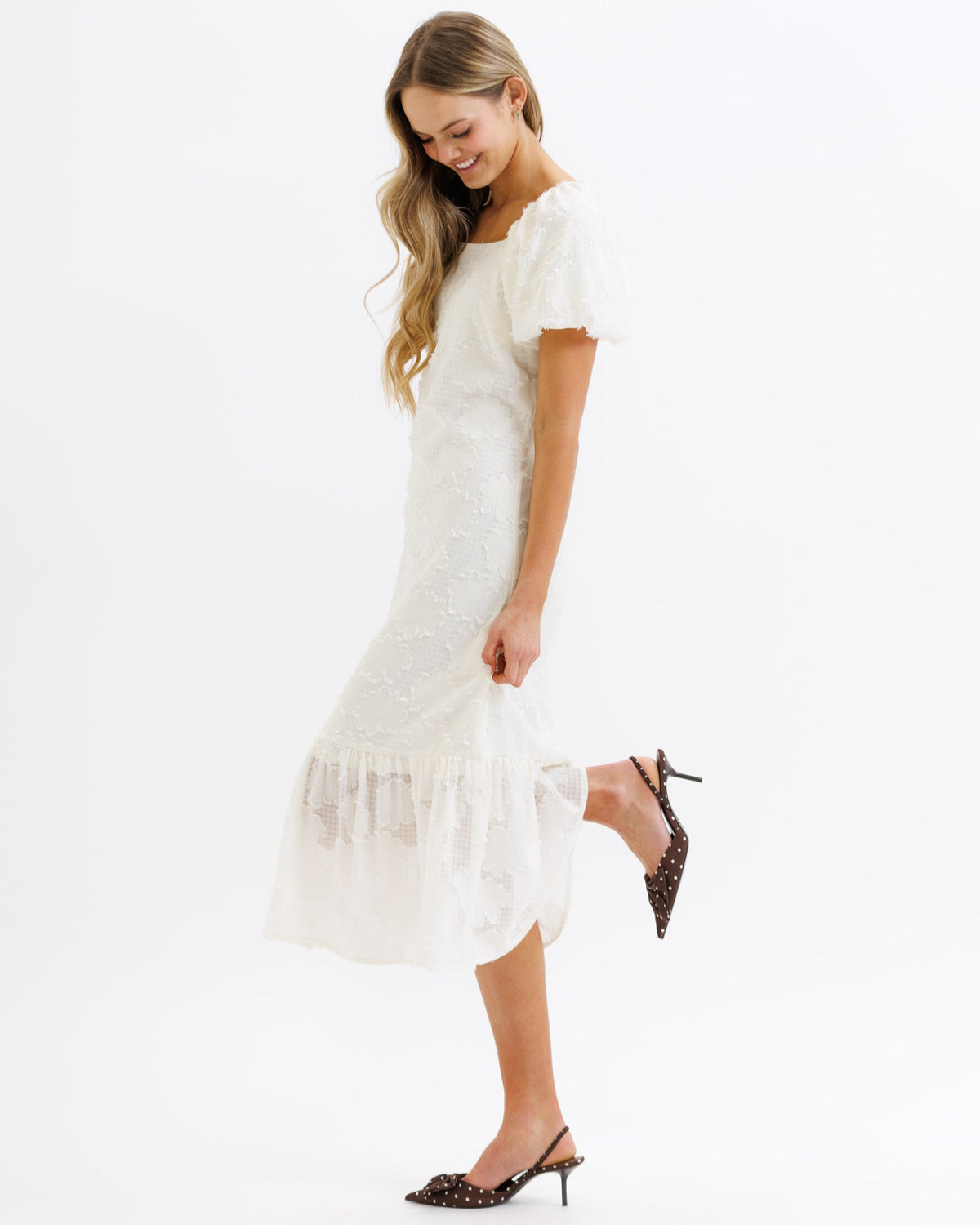 Bright cobalt Downeast Perennial Dress, lightweight and flowy, with a sleeveless design and subtle floral pattern.