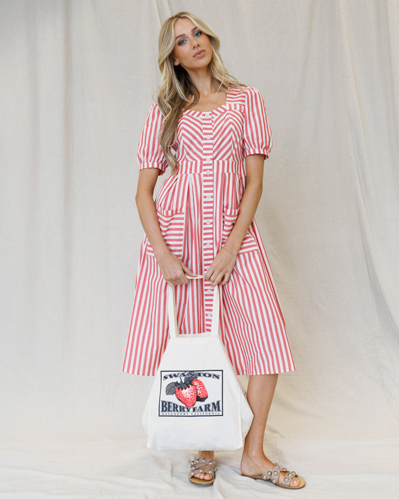 Bright red stripe Must Have Mitered Dress by Downeast, sleeveless with a fitted silhouette and mitered hem detail.