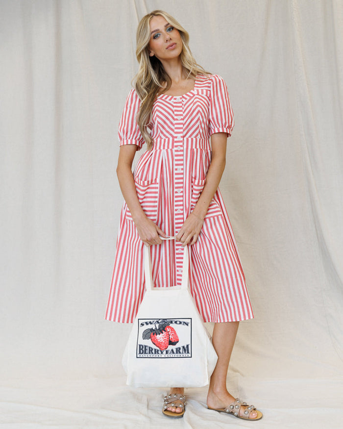 Bright red stripe Must Have Mitered Dress by Downeast, sleeveless with a fitted silhouette and mitered hem detail.
