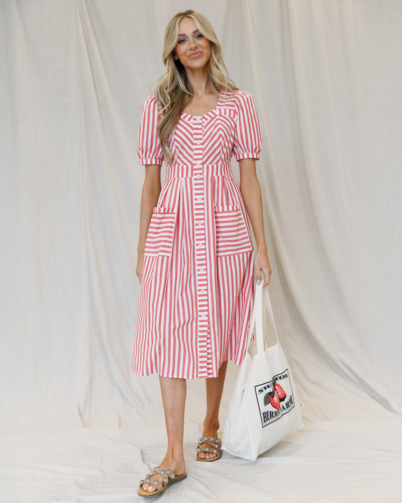 Bright red striped Downeast Must Have Mitered Dress, lightweight and stylish, shown on a mannequin.
