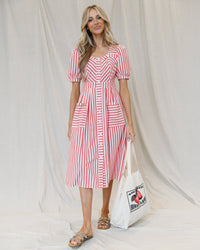Bright red striped Downeast Must Have Mitered Dress, lightweight and stylish, shown on a mannequin.