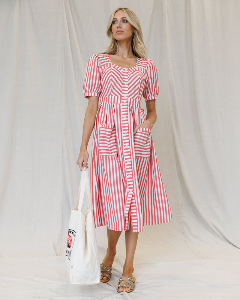 Bright red striped Downeast Must Have Mitered Dress, casual sleeveless dress with a fitted waist and mitered neckline.