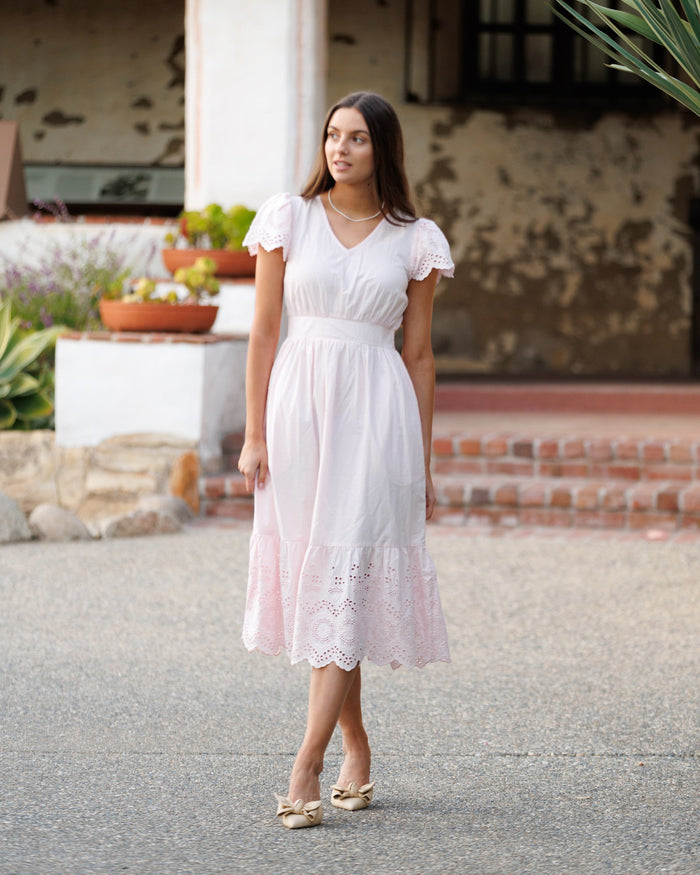 Downeast Eiffel Eyelet Dress in XS, featuring delicate eyelet details and a feminine, flowy style perfect for warm weather.