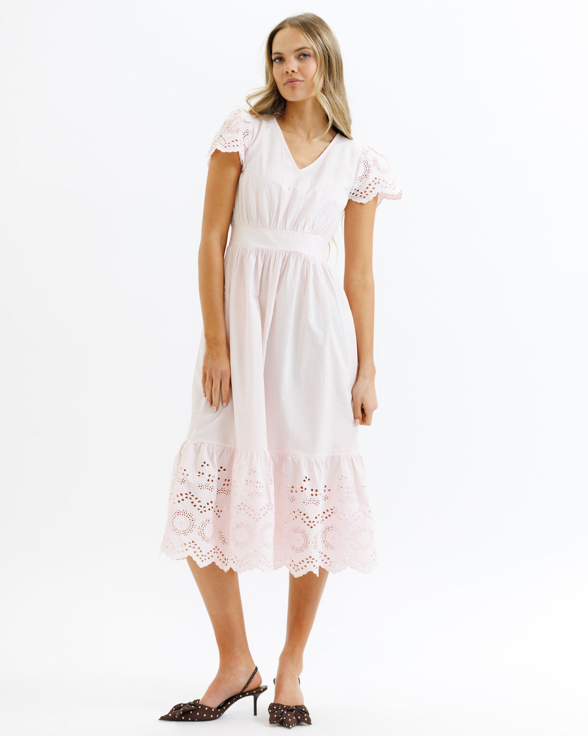 Downeast Eiffel Eyelet Dress in XS, featuring delicate eyelet fabric and feminine design, perfect for casual or semi-formal wear.