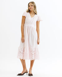 Downeast Eiffel Eyelet Dress in XS, featuring delicate eyelet fabric and feminine design, perfect for casual or semi-formal wear.