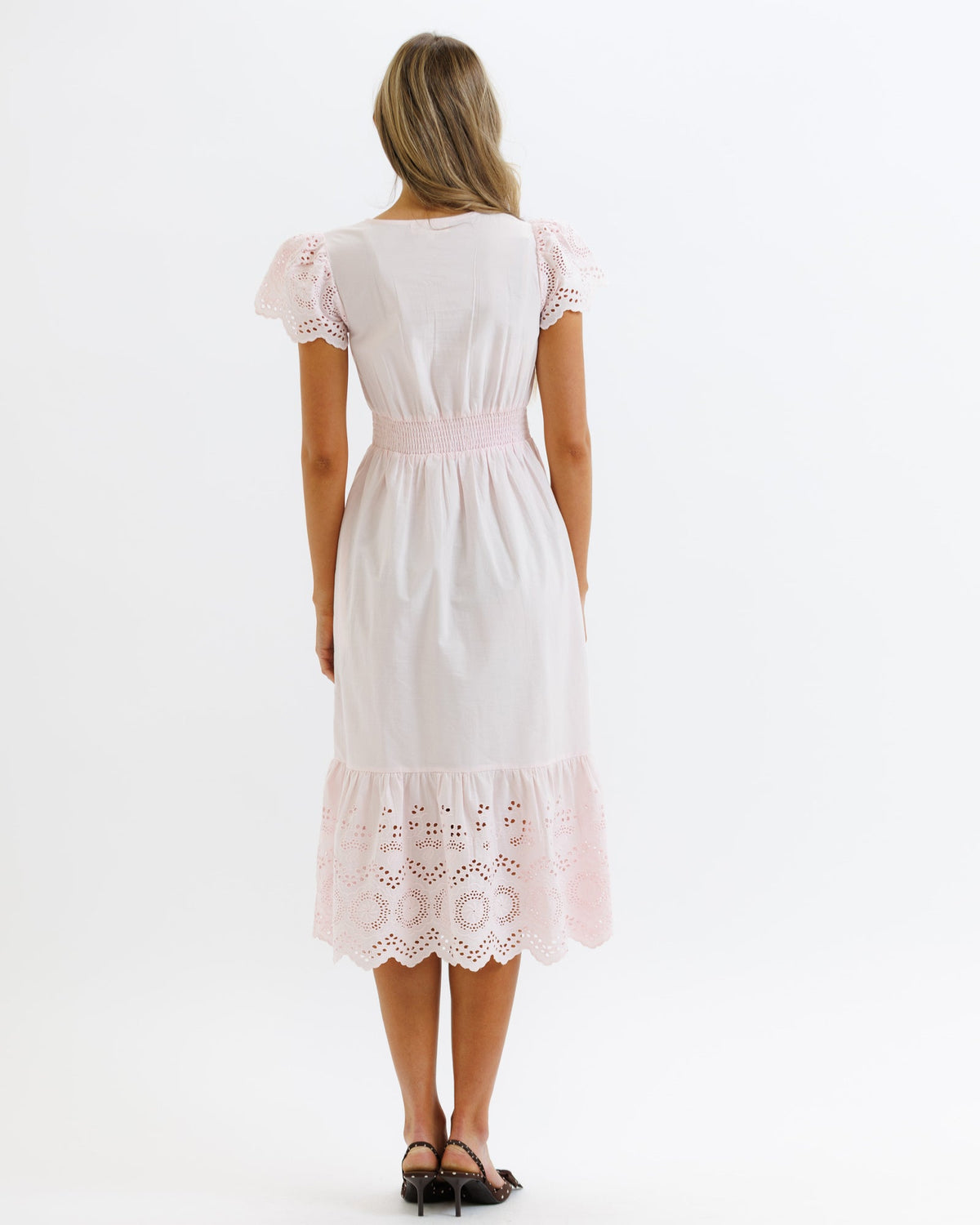Downeast Eiffel Eyelet Dress in XS, featuring delicate eyelet lace and a feminine silhouette, perfect for spring and summer wear.