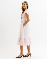 Downeast Eiffel Eyelet Dress in XS with delicate eyelet fabric, sleeveless design, perfect for casual or summer occasions.