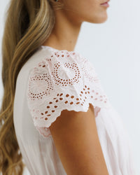Downeast Eiffel Eyelet Dress in XS, featuring delicate eyelet fabric and feminine design, perfect for casual or semi-formal occasions.