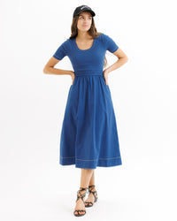 Downeast daily dress with floral pattern, short sleeves, and casual fit displayed on a hanger.