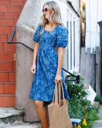 Downeast floral denim Obsessed Dress in XS style, featuring a casual fit with a floral pattern and denim fabric.
