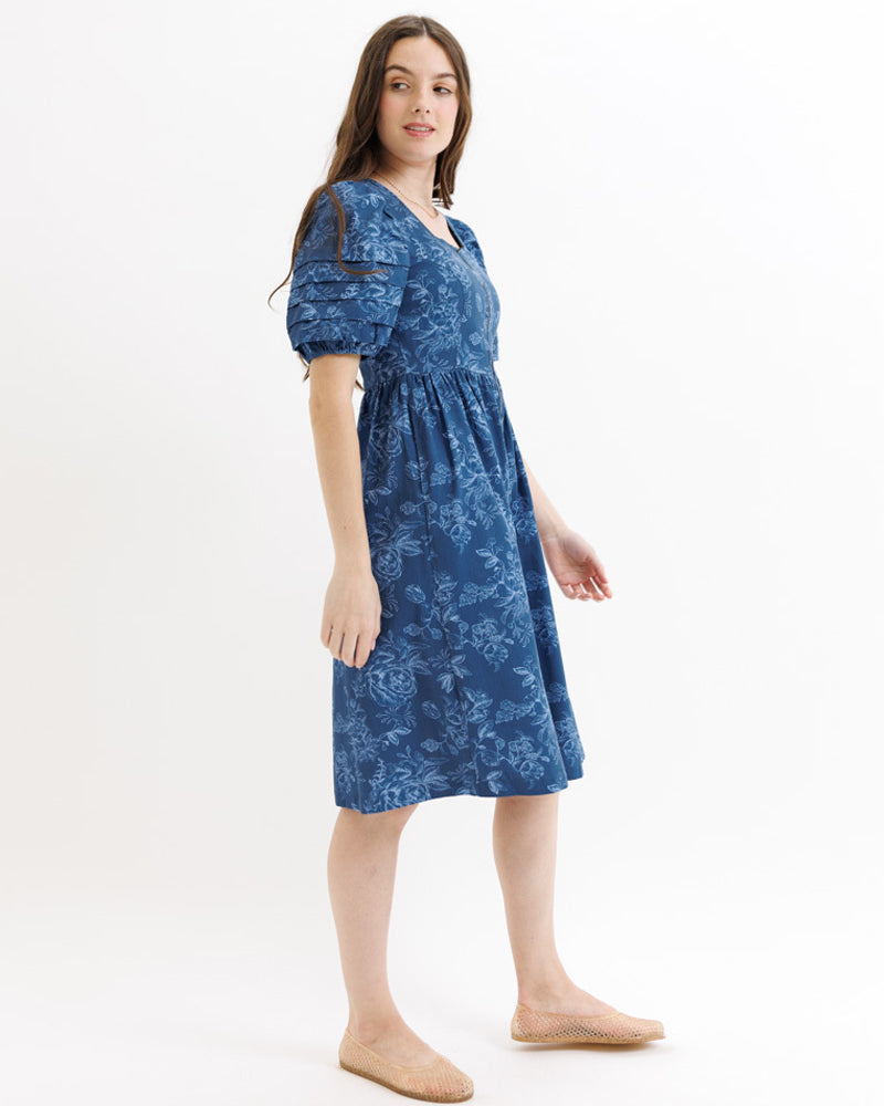Downeast Obsessed Dress in floral denim, lightweight dress with a relaxed fit, XS size, featuring a casual, trendy design.