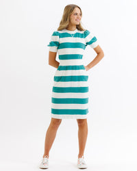 Downeast short sleeve Perfect Balance dress with a fitted bodice and flowing skirt, showcased in a stylish, casual design.