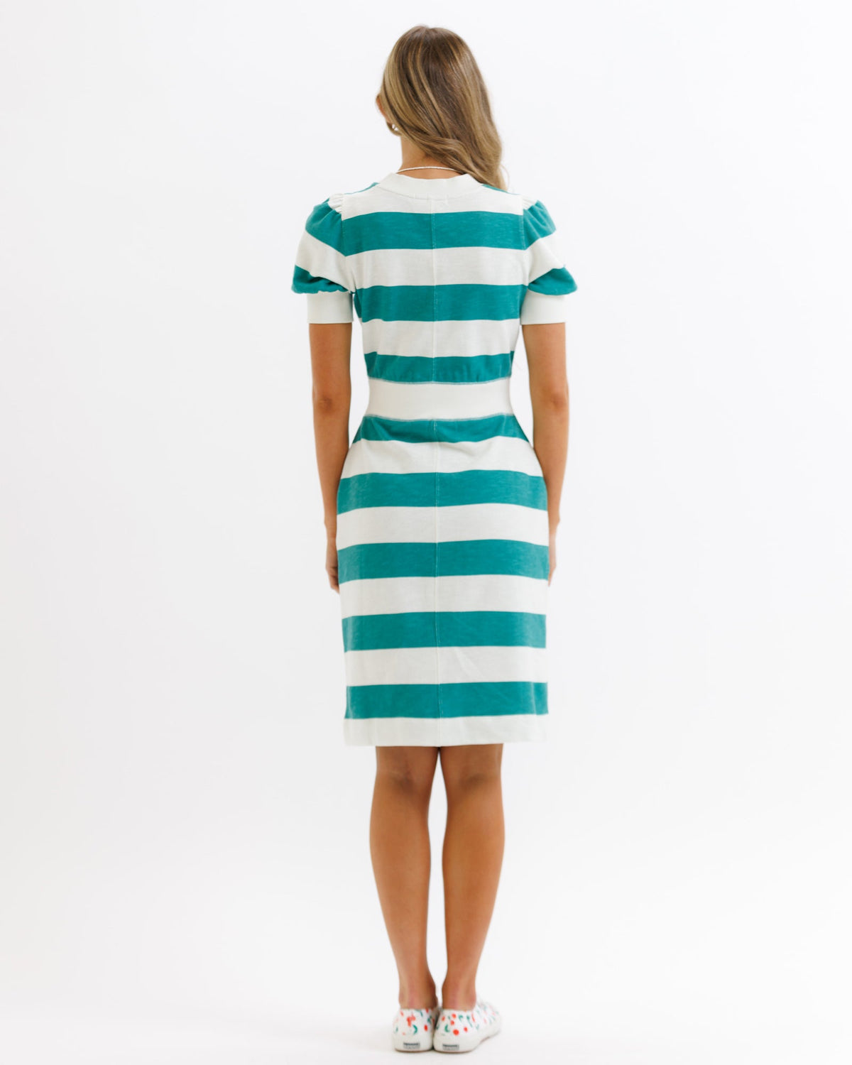 Downeast short sleeve Perfect Balance dress displayed on a hanger, featuring a simple, elegant design in soft fabric.