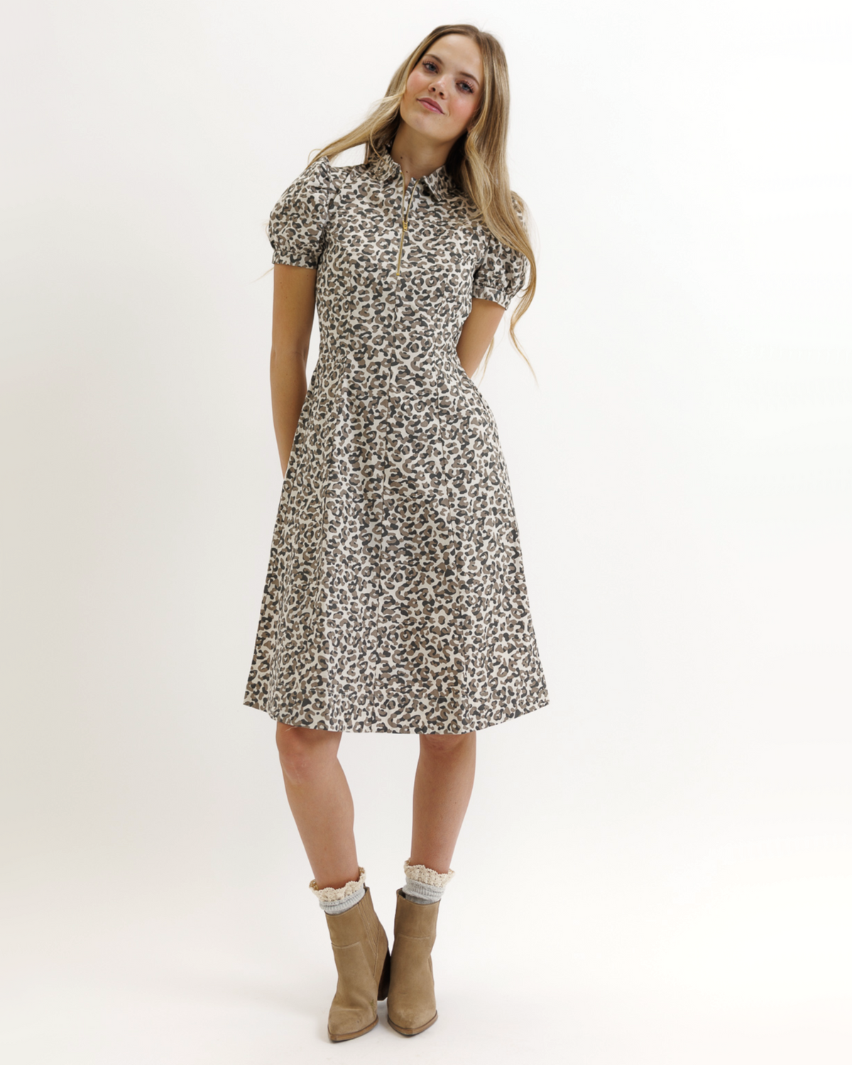 Downeast Brunch Date Dress in Moonbeam Animal print, lightweight casual dress with a relaxed fit for stylish daytime wear.