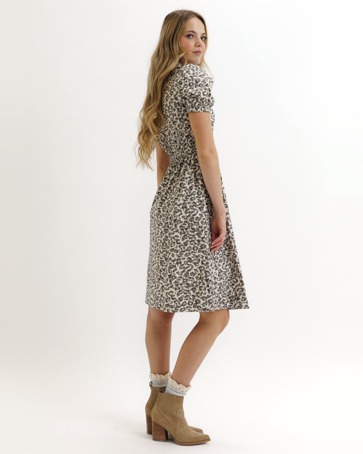 Downeast Brunch Date Dress in Moonbeam animal print, lightweight dress with a relaxed fit and stylish design.