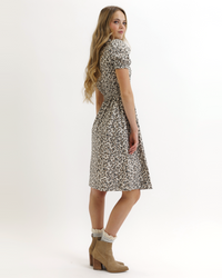 Downeast Brunch Date Dress in Moonbeam animal print, lightweight dress with a relaxed fit and stylish design.
