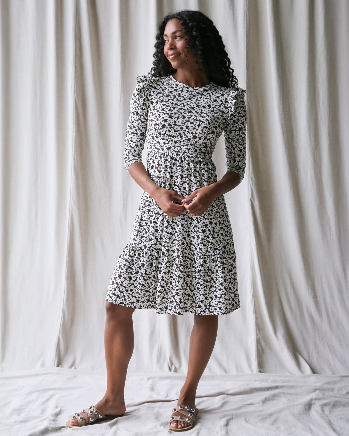 Downeast New Romance Dress in XS with pretty petal details, showcasing a lightweight, elegant dress design.