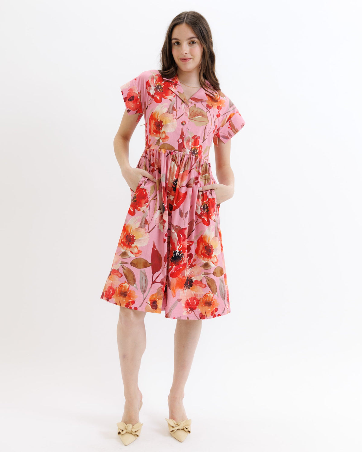 Downeast Flourish Dress in floral print, lightweight fabric, romantic style, XS size, perfect for casual or dressy occasions.