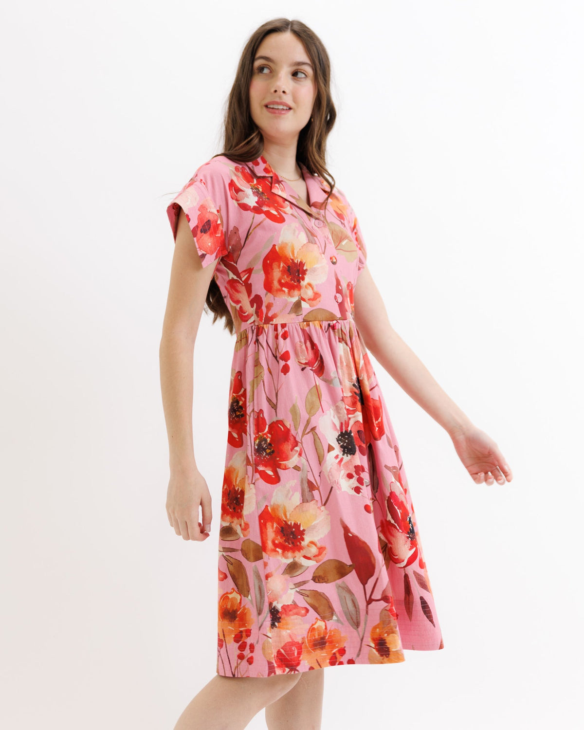 Downeast Flourish Dress in romantic floral pattern, lightweight dress with a fitted waist and flowing skirt, perfect for summer wear.