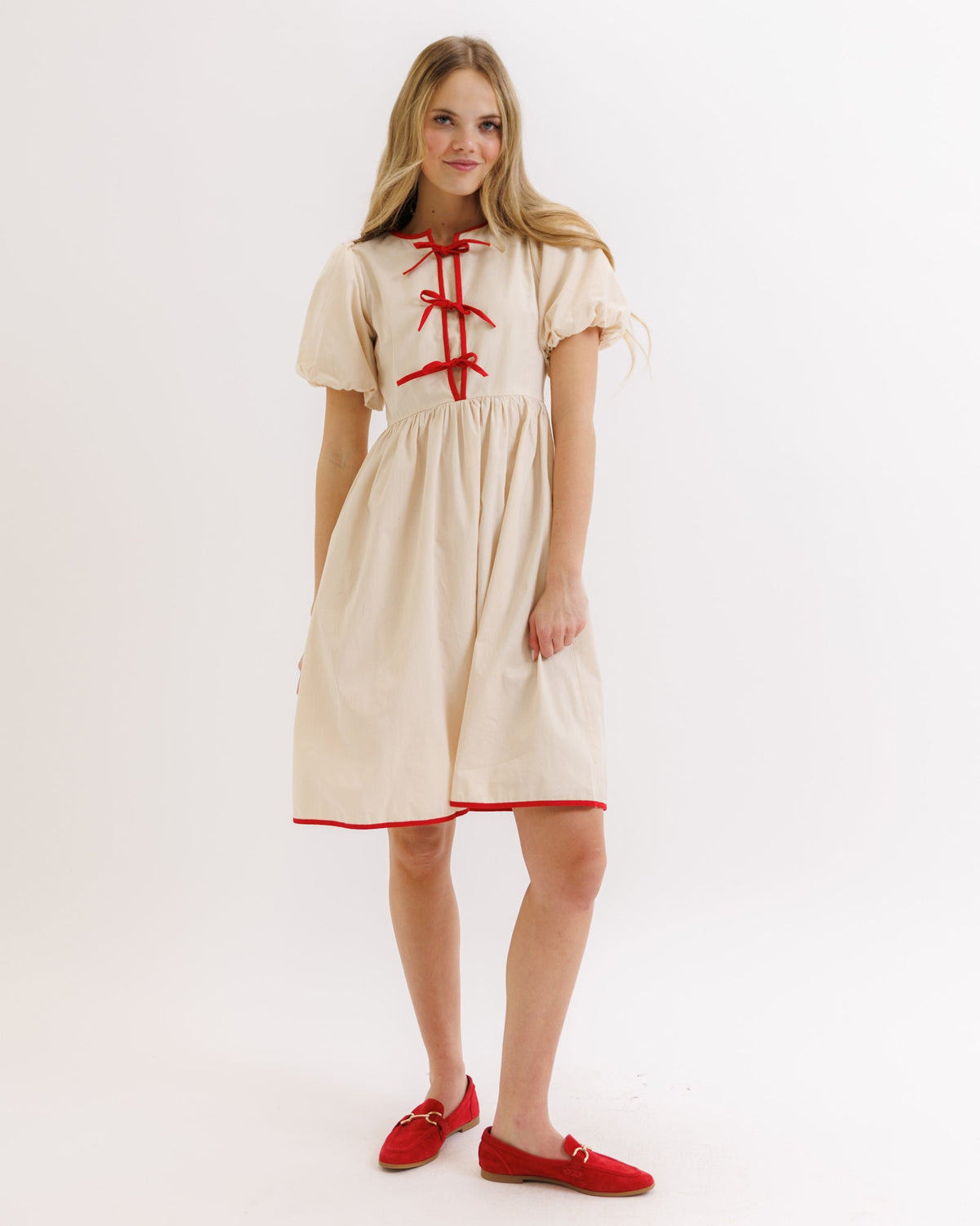 Downeast Bestie Dress in tapioca color, casual women's dress with a relaxed fit, shown on a model.