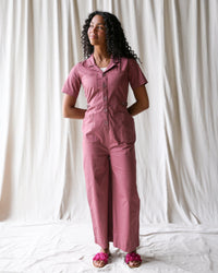 Downeast crushed berry utility jumpsuit in XS size, featuring a relaxed fit and functional design for casual wear.