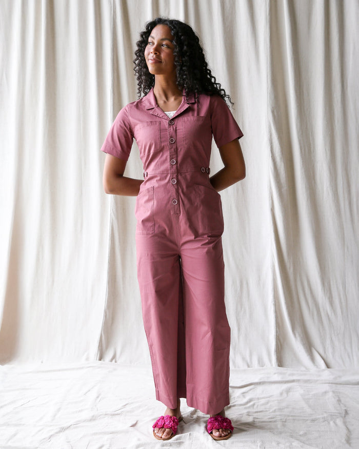 Downeast crushed berry utility jumpsuit in XS size, featuring a relaxed fit and functional design for casual wear.