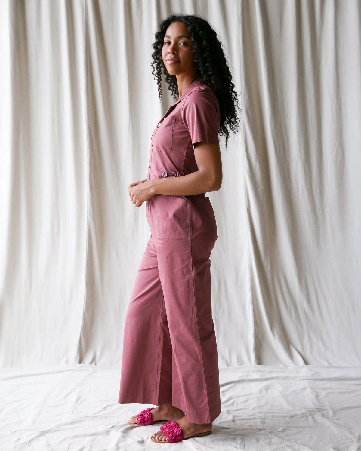 Downeast crushed berry utility jumpsuit for women, XS size, featuring a comfortable and stylish design.