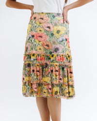 Downeast Femme & Floral skirt with vibrant floral pattern, flowing fabric, and feminine design, perfect for casual or dressy wear.