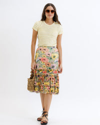 Downeast Femme & Floral Skirt featuring a flowy fabric with colorful floral pattern, perfect for casual or dressy occasions.