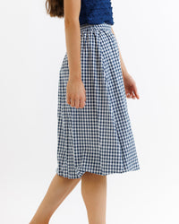 Navy check bubble skirt by Downeast, lightweight and stylish skirt with a gathered, puffy silhouette perfect for casual wear.