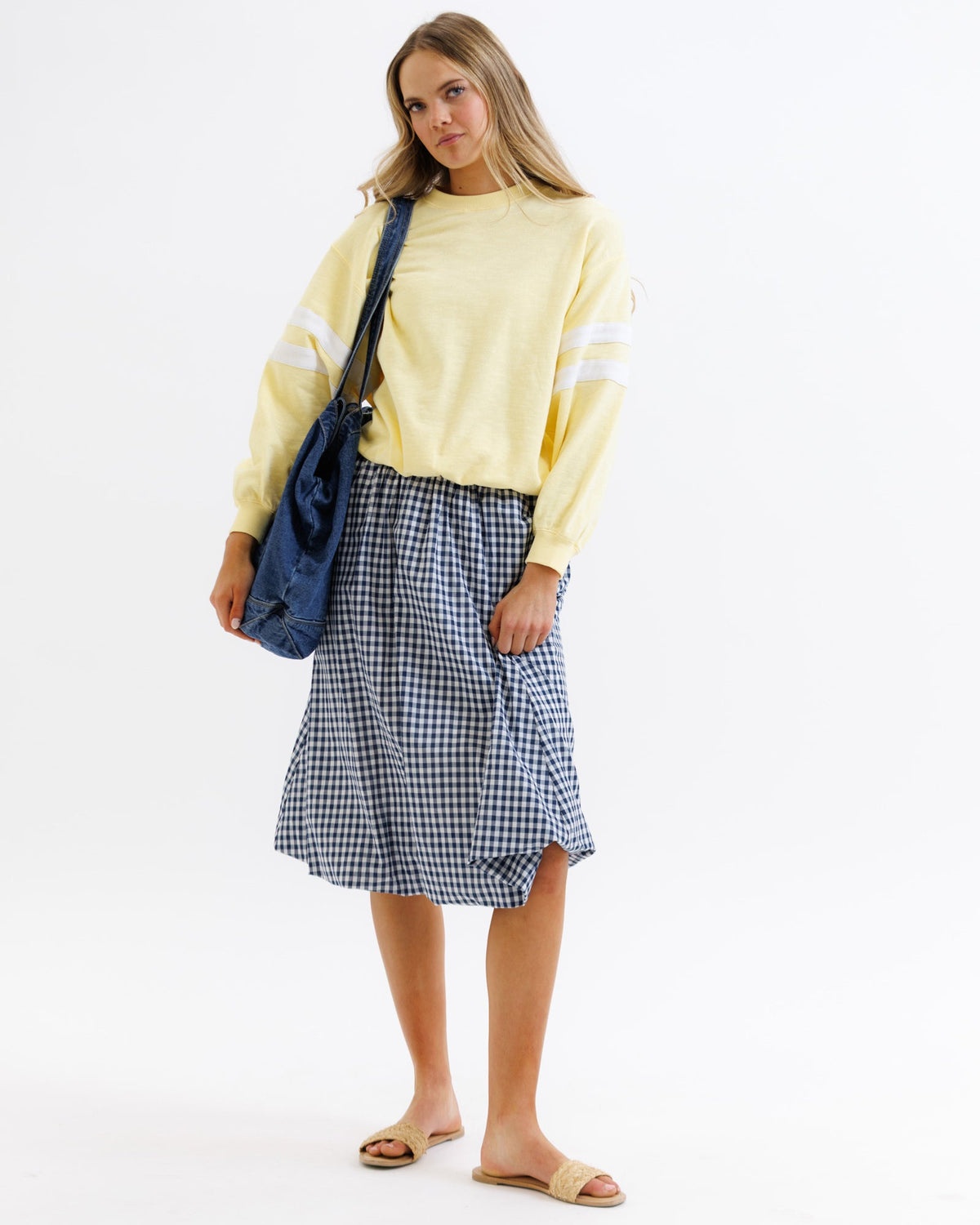 Downeast navy check bubble skirt in size XS, featuring a playful, gathered design and classic check pattern.