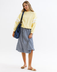 Downeast navy check bubble skirt in size XS, featuring a playful, gathered design and classic check pattern.