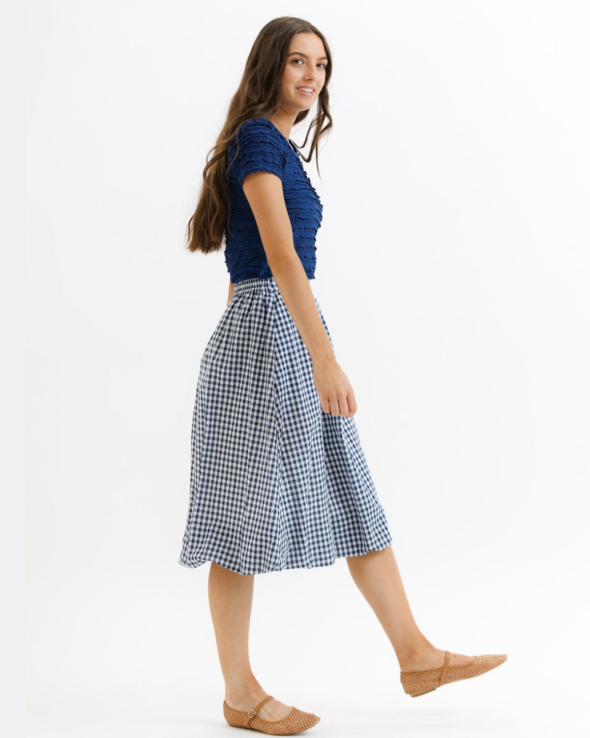 Navy check bubble skirt by Downeast in size XS, featuring a playful, voluminous design with a fitted waistband.