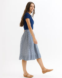 Navy check bubble skirt by Downeast in size XS, featuring a playful, voluminous design with a fitted waistband.