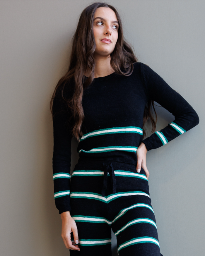Black Downeast Round Trip Long Sleeve Crew sweater with a subtle pop stripe pattern, casual and comfortable for everyday wear.