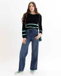 Black Downeast Round Trip Long Sleeve Crew sweater with pop stripe design, showcasing a cozy knit and classic fit.