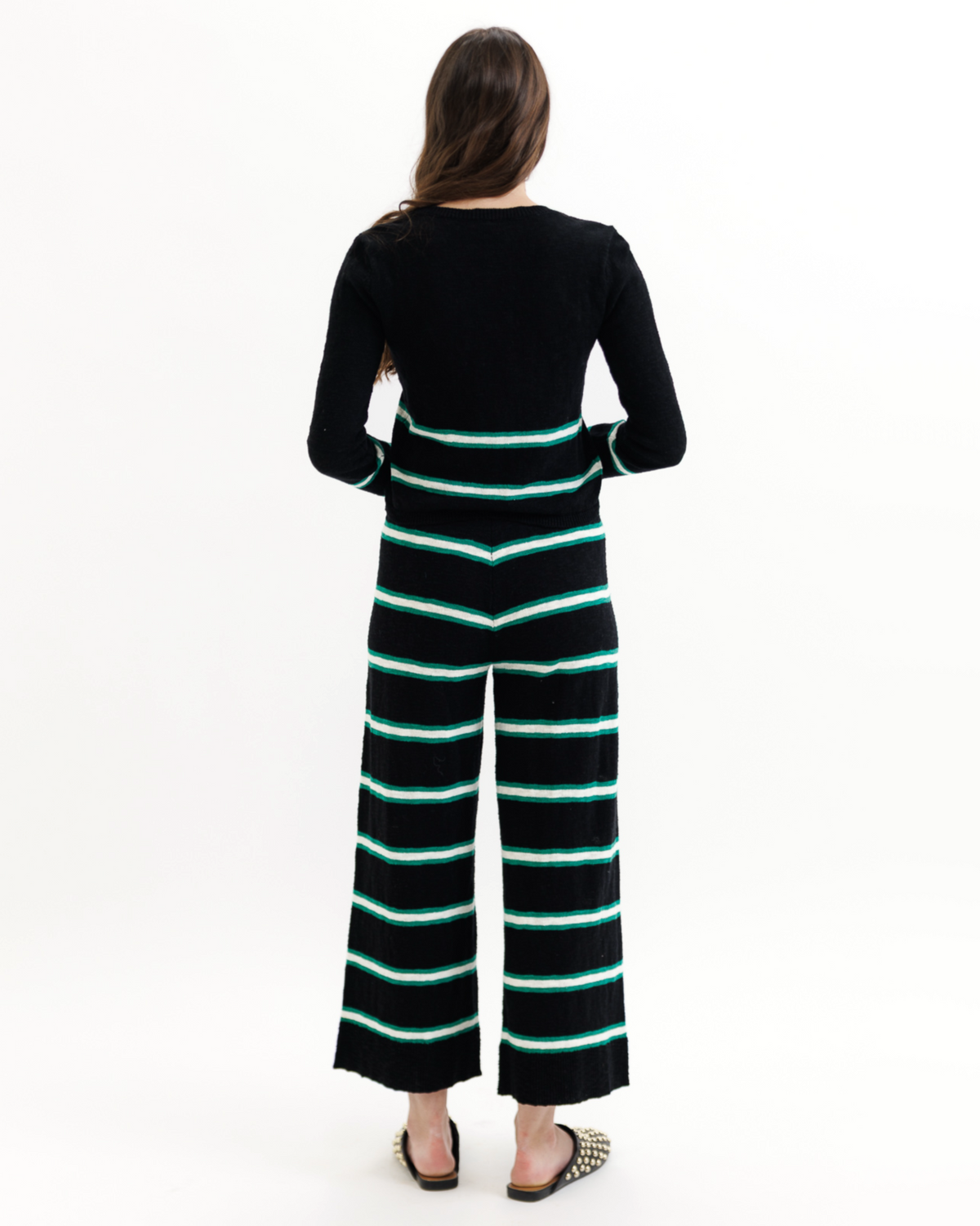 Black Downeast Round Trip Long Sleeve Crew sweater with pop stripe design, made of soft knit fabric, fitted style.