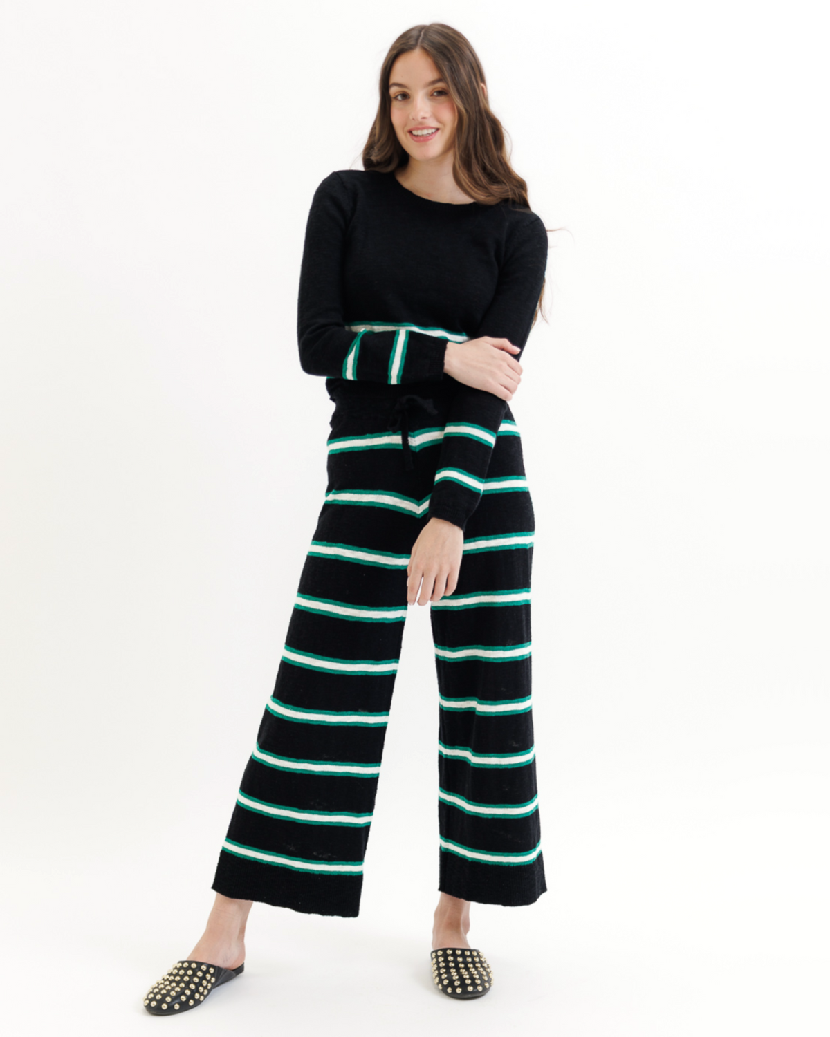 Black Downeast Round Trip Long Sleeve Crew sweater with a pop stripe design, featuring a cozy crew neck and long sleeves.