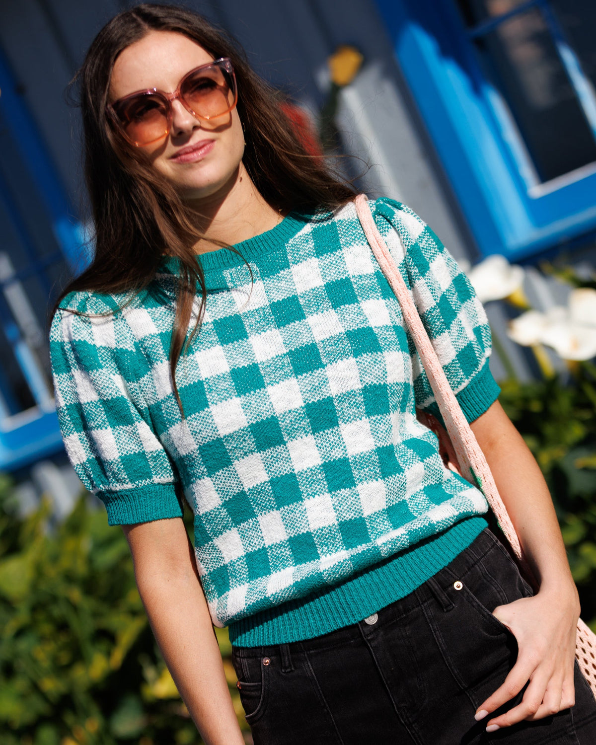 Downeast Prima Sweater in green lake check pattern, soft knit sweater for women, casual and cozy style.